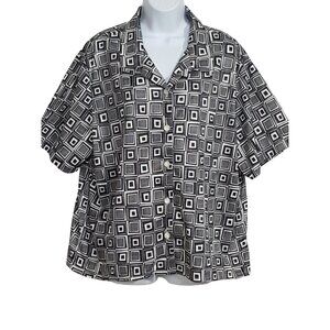 Blair Womens Blouse 2XL Vintage Polyester Black White Button Up Short Sleeve Col